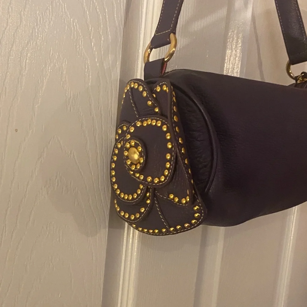 Leather Shoulder Bag with Gold Stud Flower Accent - Navy - Picture 5 of 5